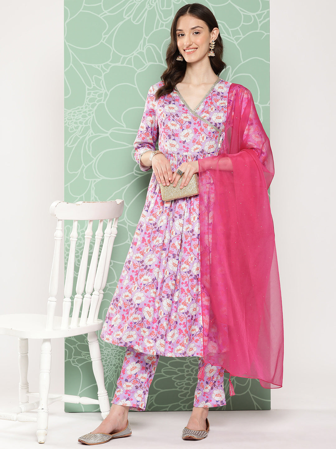 Janasya Women's Lavender Moss Digital Floral Printed Angrakha Festive Kurta Set - Distacart