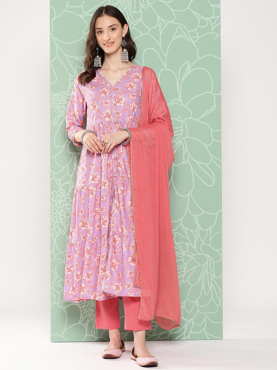 Janasya Women's Lavender Moss Digital Floral Printed Tiered Festive Kurta Set - Distacart