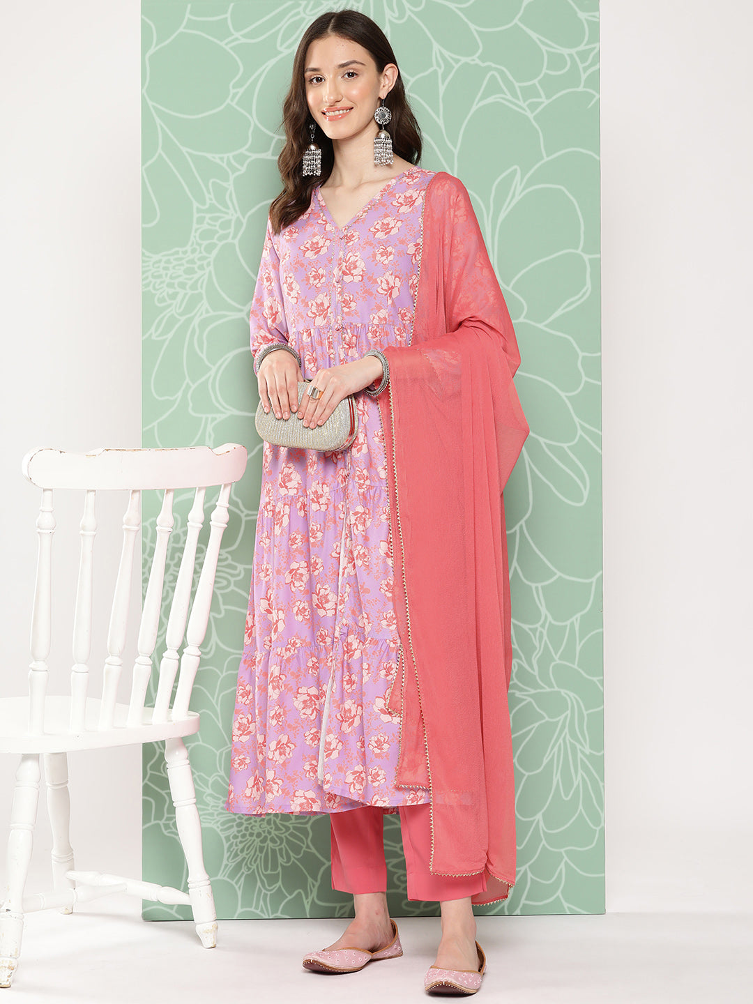 Janasya Women's Lavender Moss Digital Floral Printed Tiered Festive Kurta Set - Distacart
