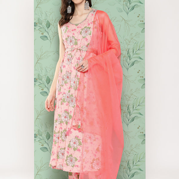 Janasya Women's Peach Moss Digital Floral Printed Flared Festive Kurta Set - Distacart