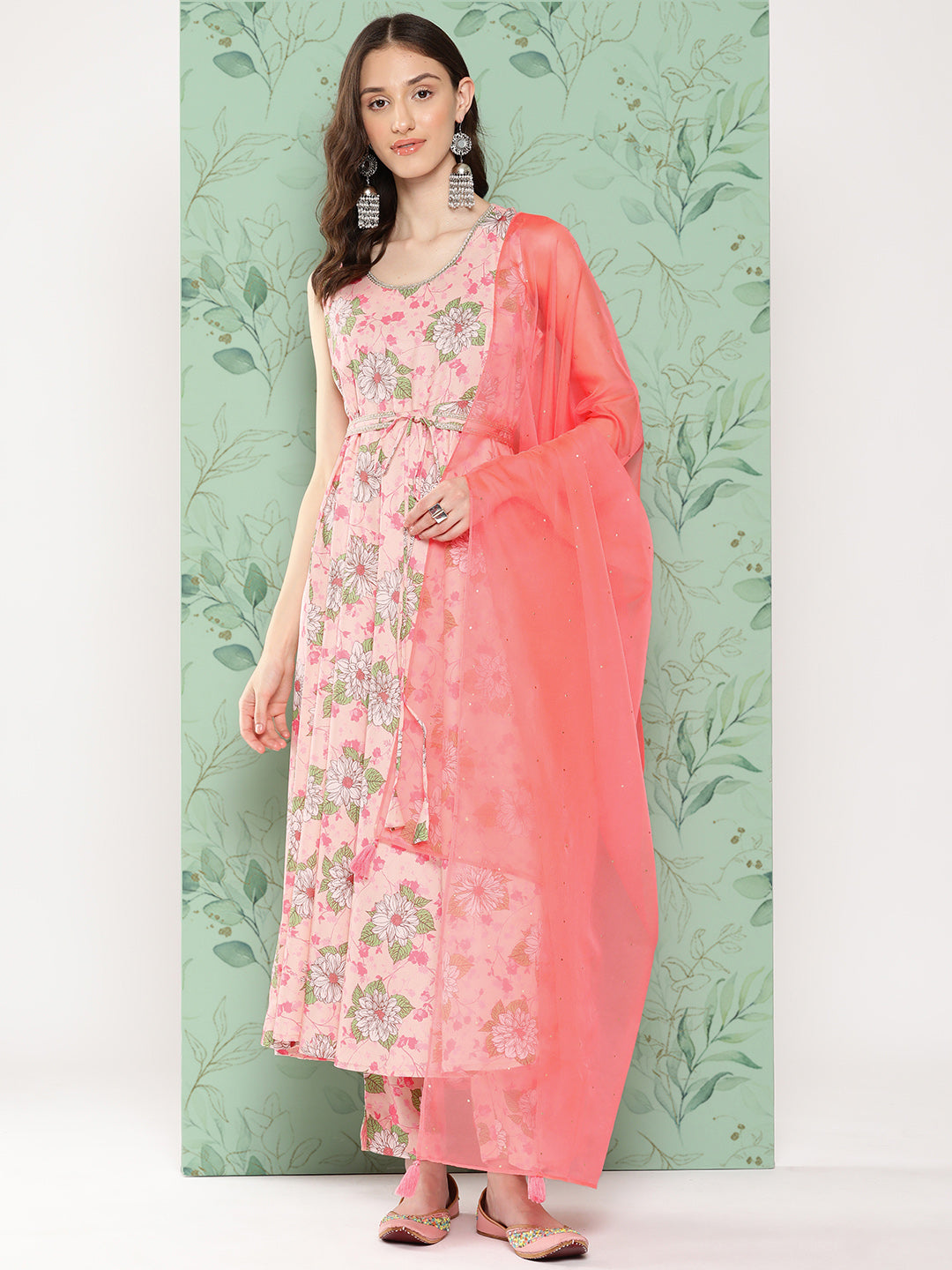Janasya Women's Peach Moss Digital Floral Printed Flared Festive Kurta Set - Distacart