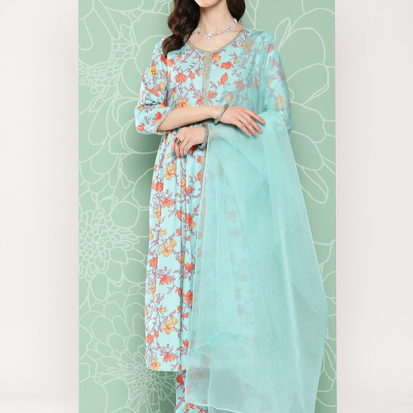 Janasya Women's Aqua Blue Moss Digital Floral Printed Gathered Festive Kurta Set - Distacart