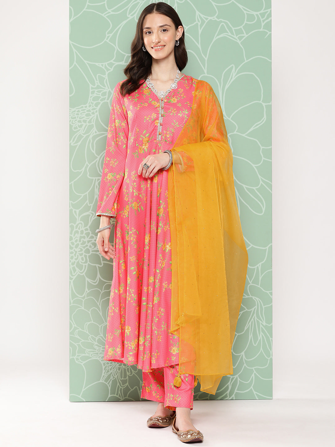 Janasya Women's Pink Moss Digital Floral Printed Panelled Festive Kurta Set - Distacart
