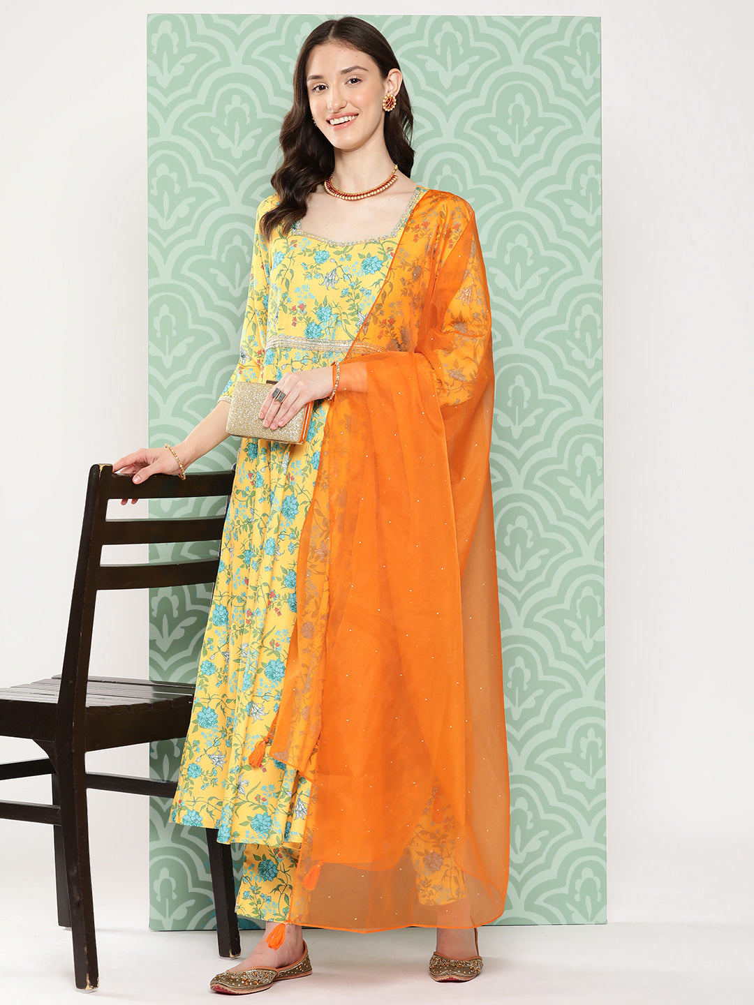 Janasya Women's Yellow Moss Digital Floral Printed Flared Festive Kurta Set - Distacart