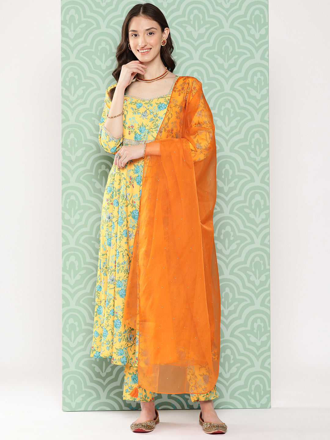 Janasya Women's Yellow Moss Digital Floral Printed Flared Festive Kurta Set - Distacart