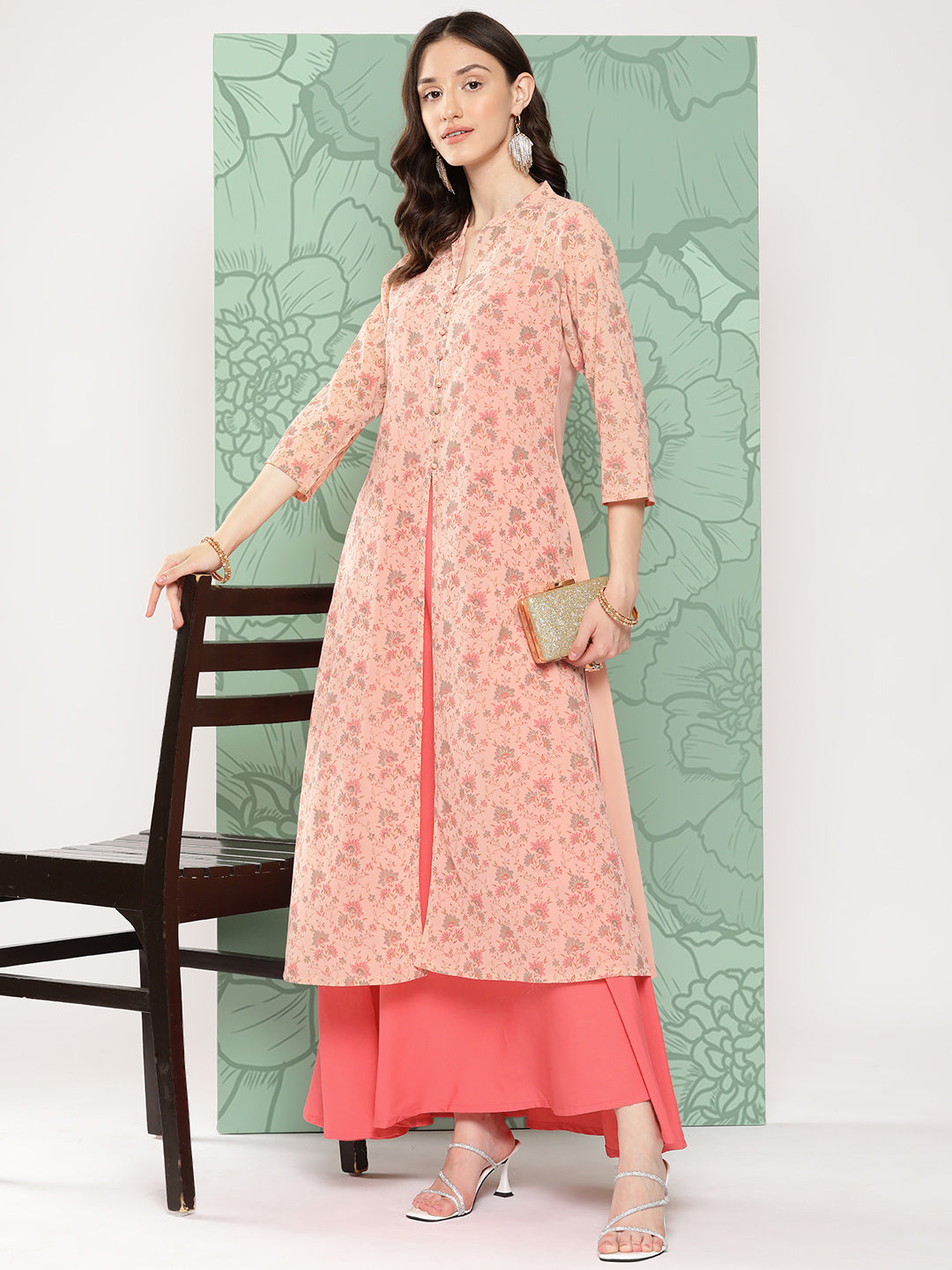 Janasya Women's Peach Georgette Digital Floral Printed Front Slit Festive Kurta Set - Distacart
