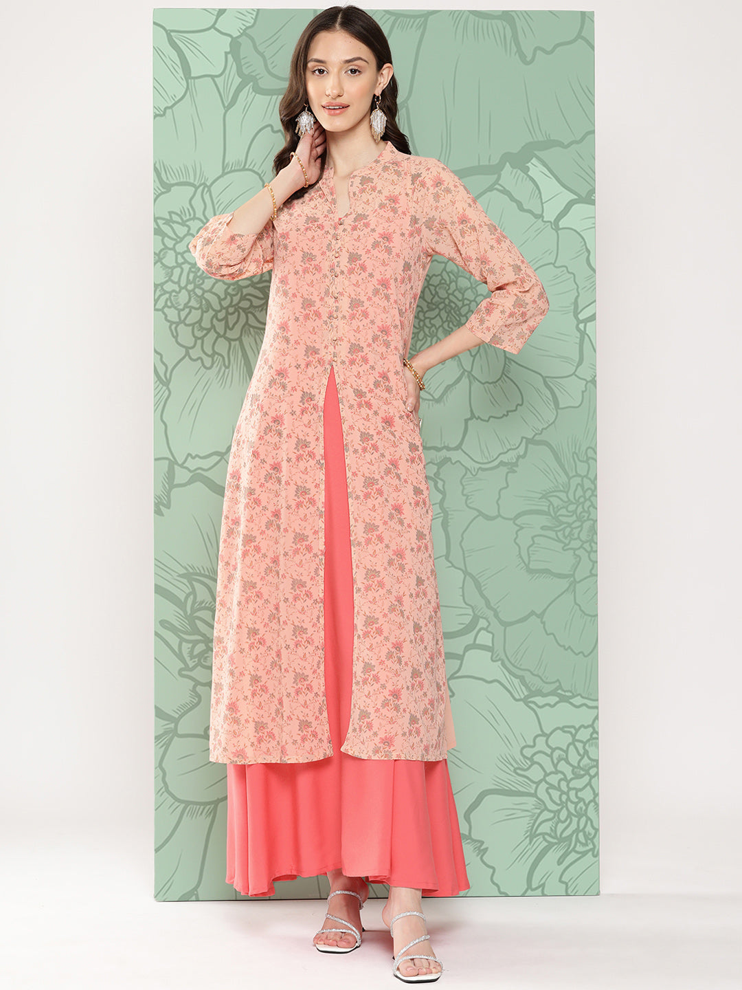 Janasya Women's Peach Georgette Digital Floral Printed Front Slit Festive Kurta Set - Distacart