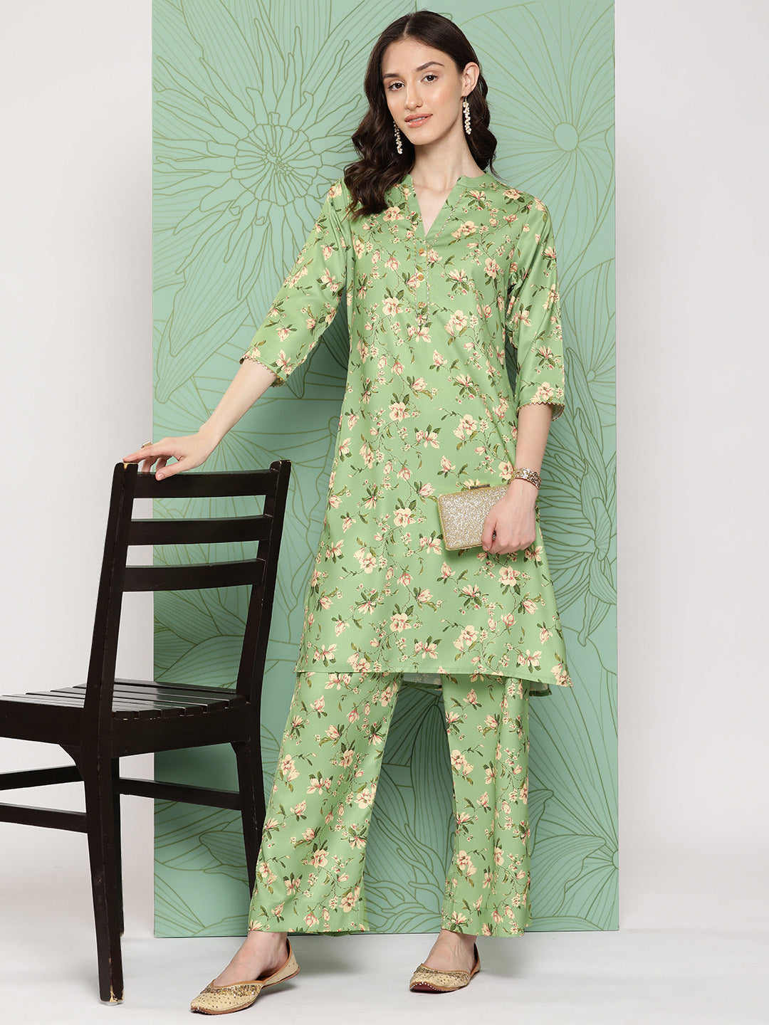Janasya Women's Green Moss Digital Floral Printed Straight Casual Kurta Set - Distacart