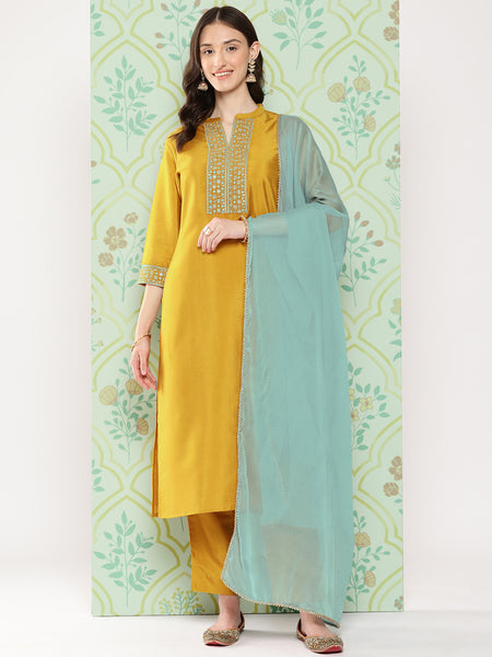 Janasya Women's Mustard Crepe Silk Solid Straight Festive Kurta Set - Distacart