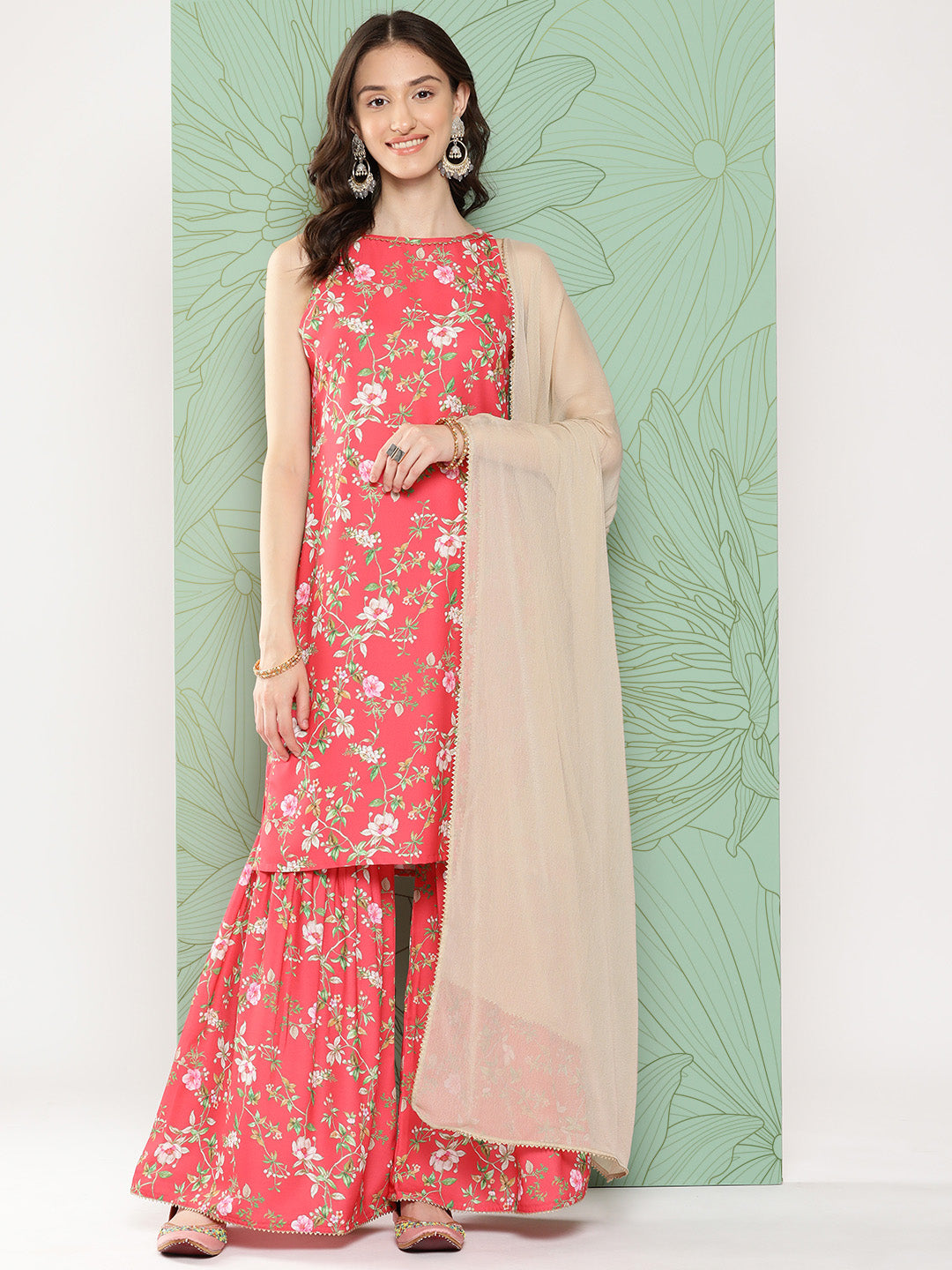 Janasya Women's Pink Moss Digital Floral Printed Straight Festive Kurta Set - Distacart