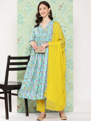 Janasya Women's Sky Blue Moss Floral Digital Printed Flared Festive Kurta Set - Distacart