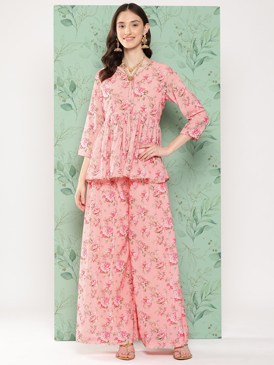 Janasya Women's Peach Georgette Digital Floral Printed Peplum Festive Top Set - Distacart