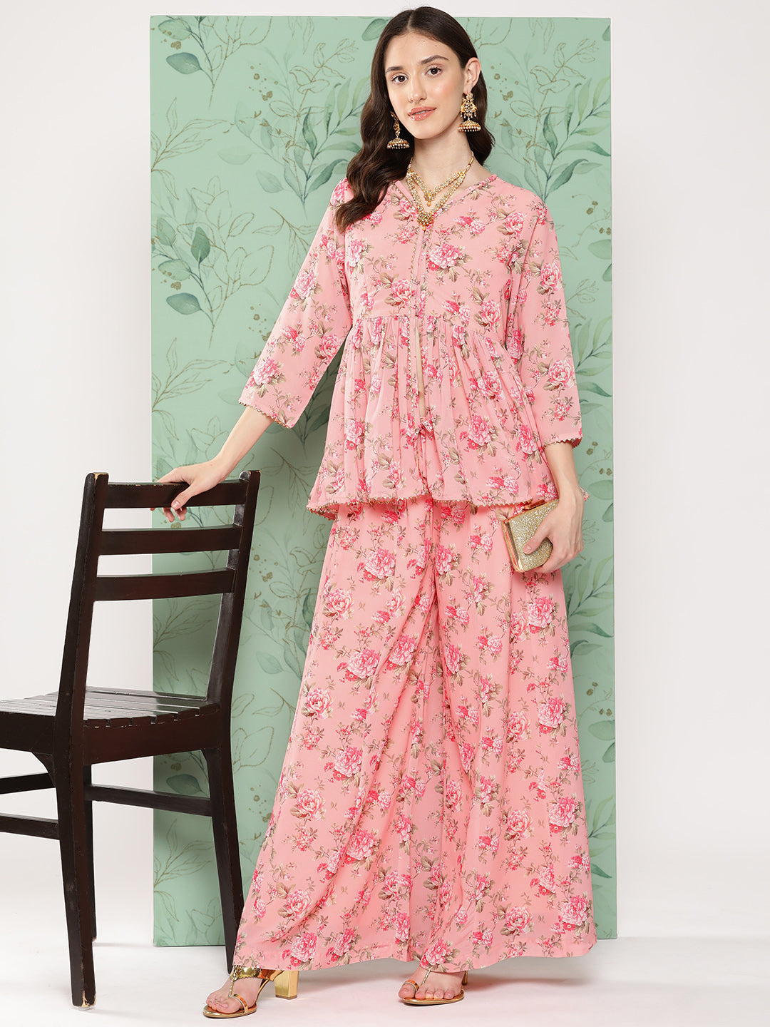 Janasya Women's Peach Georgette Digital Floral Printed Peplum Festive Top Set - Distacart