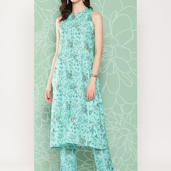 Janasya Women's Aqua Blue Moss Digital Floral Printed Straight Festive Kurta Set - Distacart