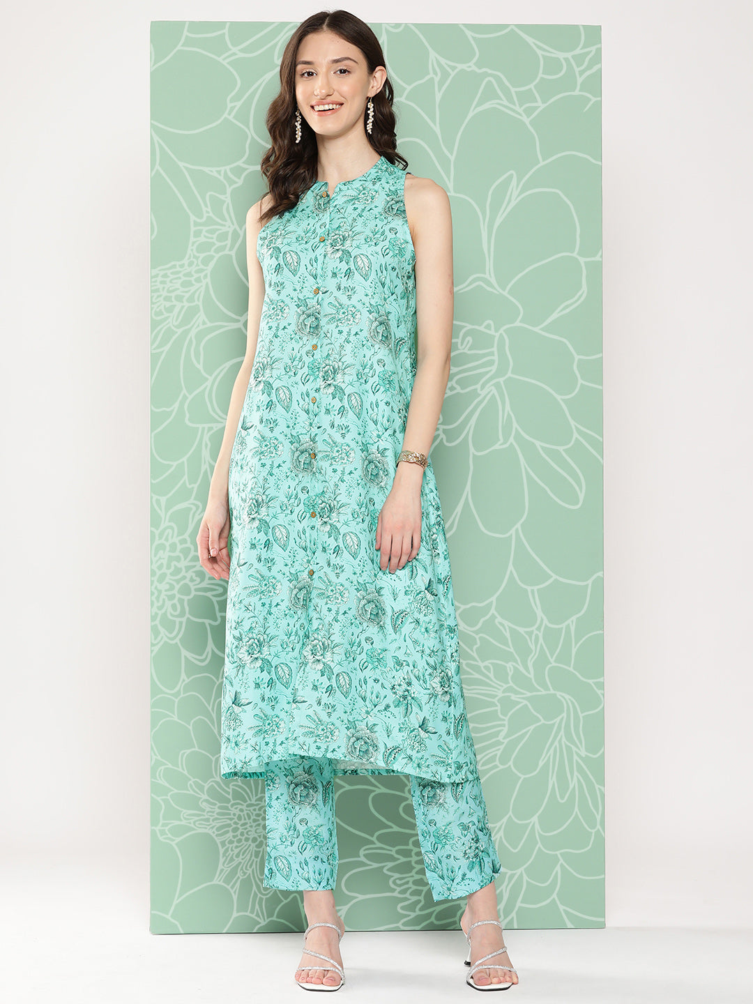 Janasya Women's Aqua Blue Moss Digital Floral Printed Straight Festive Kurta Set - Distacart