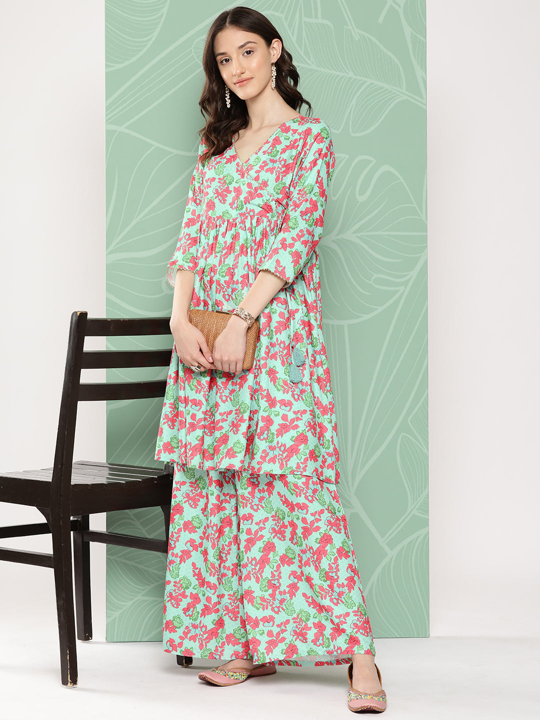 Janasya Women's Mint Moss Floral Digital Printed Angrakha Festive Kurta Set - Distacart