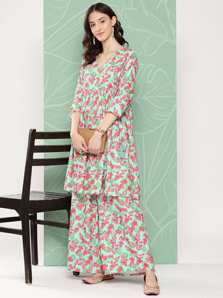 Janasya Women's Mint Moss Floral Digital Printed Angrakha Festive Kurta Set - Distacart
