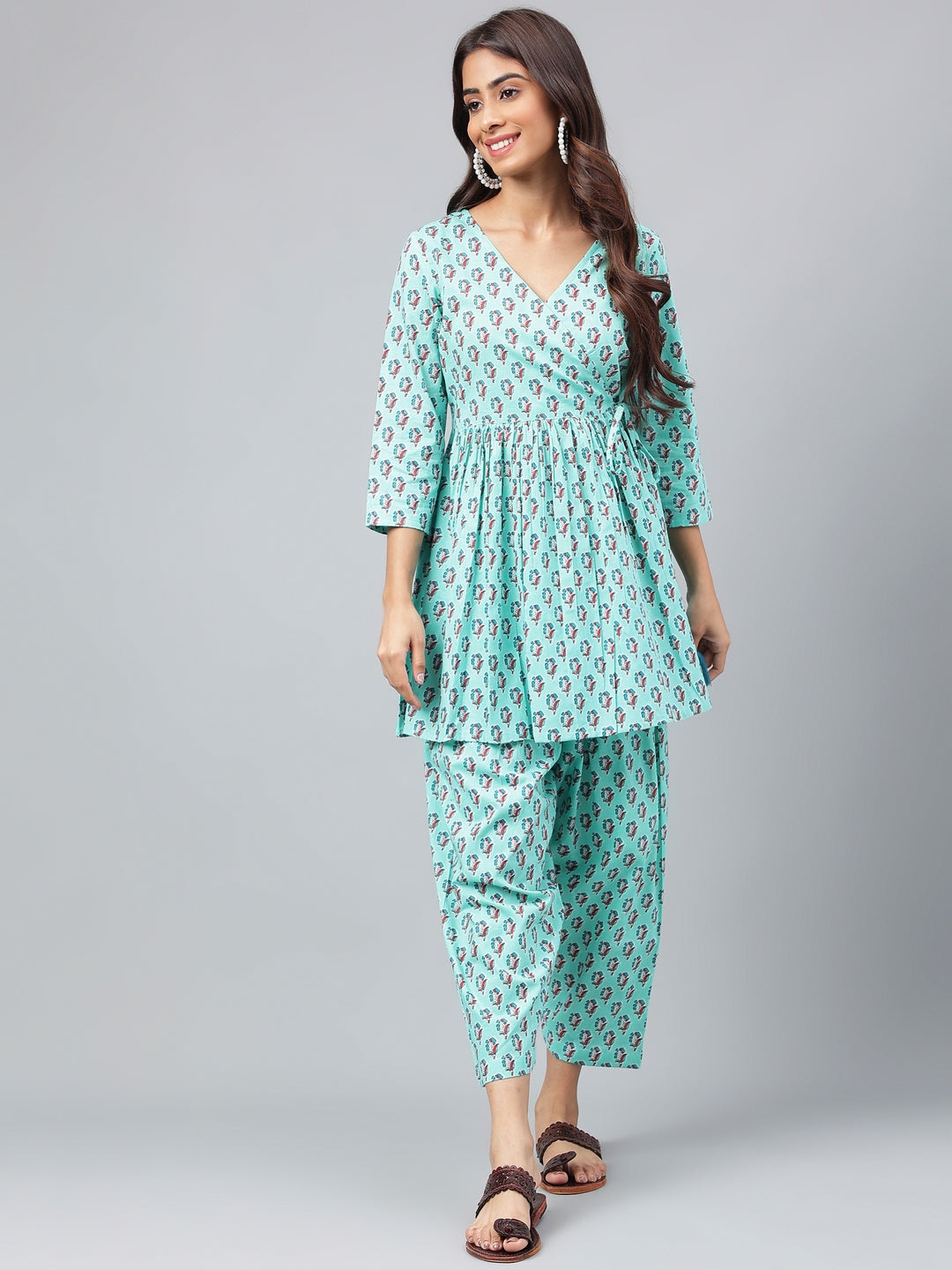 Janasya Women's Aqua Green Cotton Floral Ethinc Motif Printed Flared Casual Short Kurta Set - Distacart