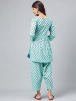 Thumbnail for Janasya Women's Aqua Green Cotton Floral Ethinc Motif Printed Flared Casual Short Kurta Set - Distacart