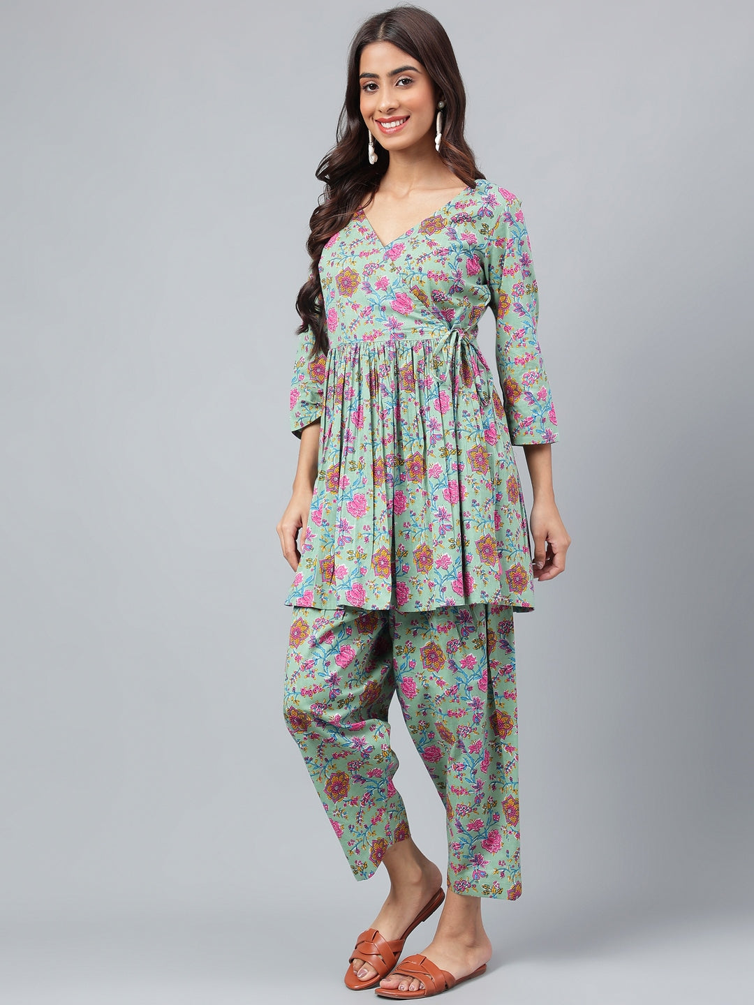 Janasya Women's Sage Green Cotton Floral Printed Flared Casual Short Kurta Set - Distacart