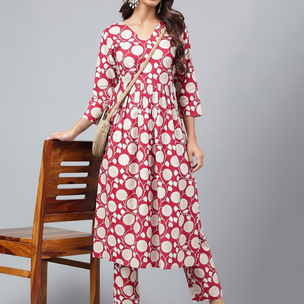 Janasya Women's Maroon Cotton Floral Printed Gathered Casual Kurta Set - Distacart