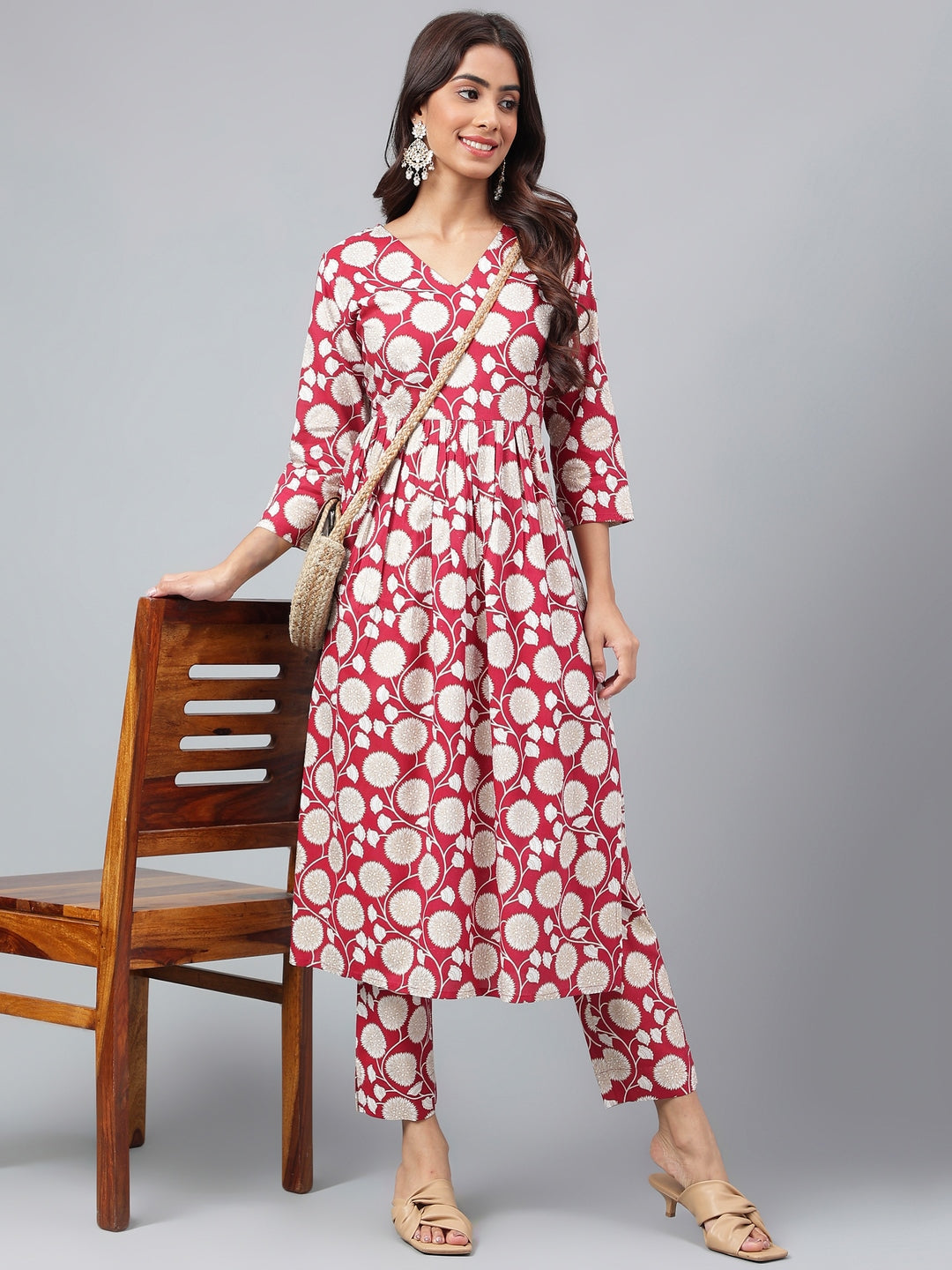 Janasya Women's Maroon Cotton Floral Printed Gathered Casual Kurta Set - Distacart