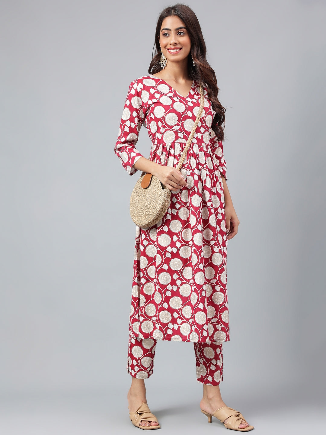Janasya Women's Maroon Cotton Floral Printed Gathered Casual Kurta Set - Distacart