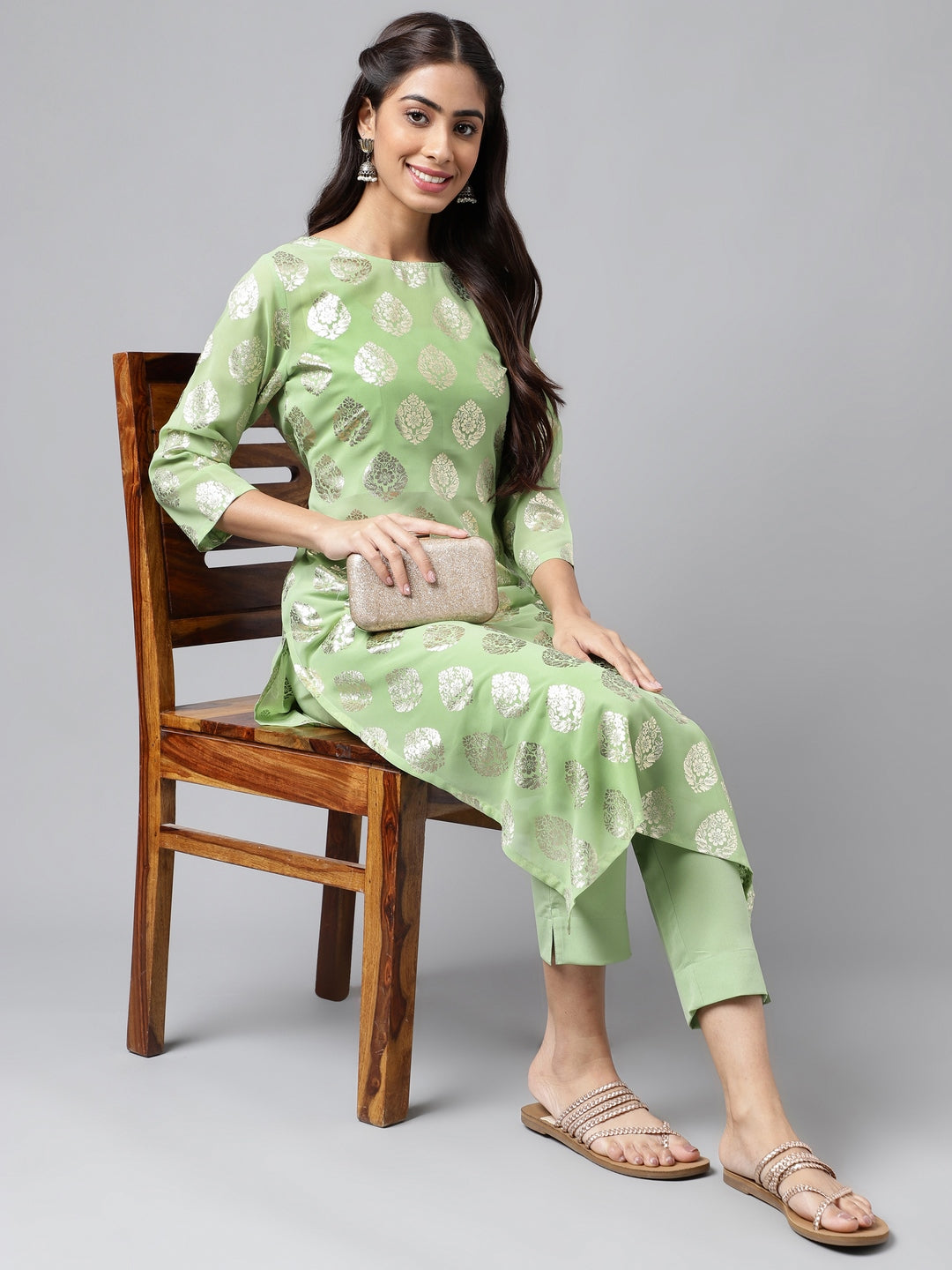 Janasya Women's Light Green Georgette Foil Printed Straight Festive Kurta Set - Distacart