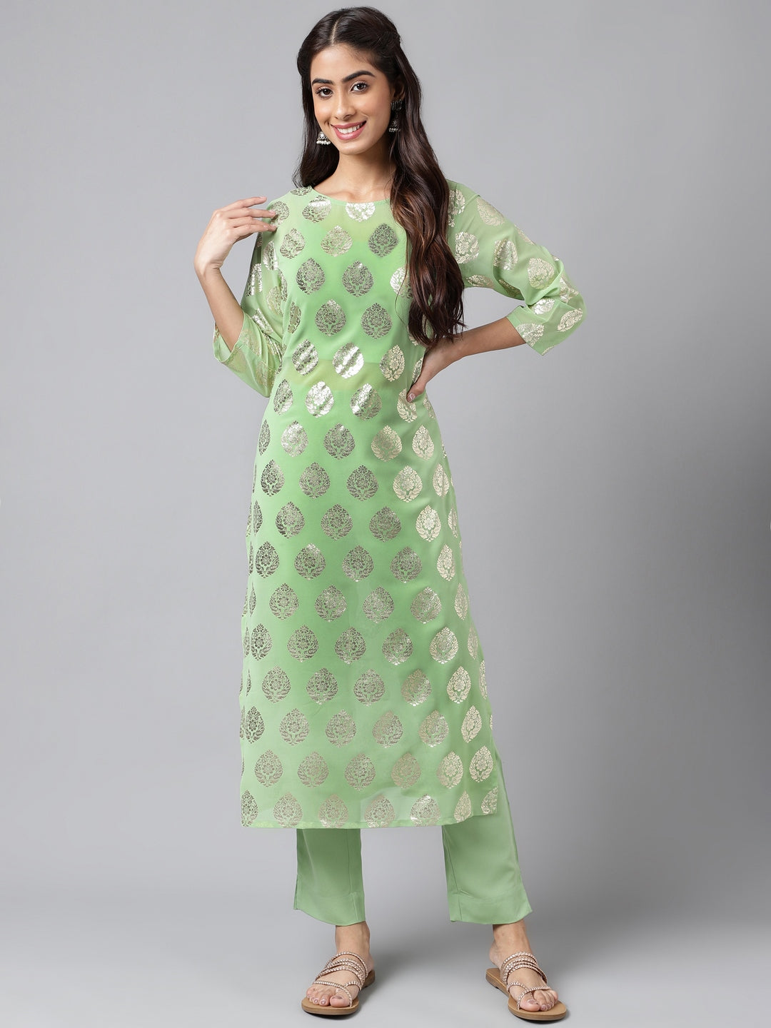 Janasya Women's Light Green Georgette Foil Printed Straight Festive Kurta Set - Distacart