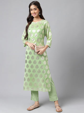 Janasya Women's Light Green Georgette Foil Printed Straight Festive Kurta Set - Distacart