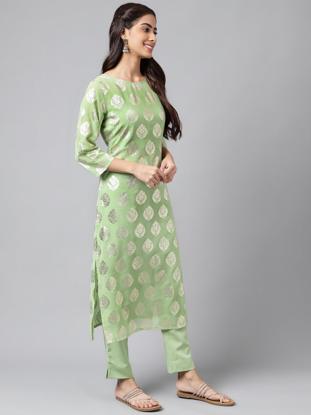 Janasya Women's Light Green Georgette Foil Printed Straight Festive Kurta Set - Distacart