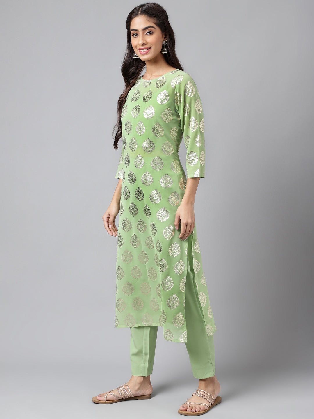 Janasya Women's Light Green Georgette Foil Printed Straight Festive Kurta Set - Distacart