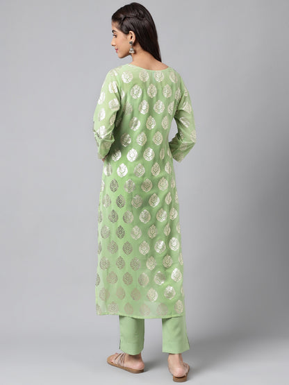 Janasya Women's Light Green Georgette Foil Printed Straight Festive Kurta Set - Distacart