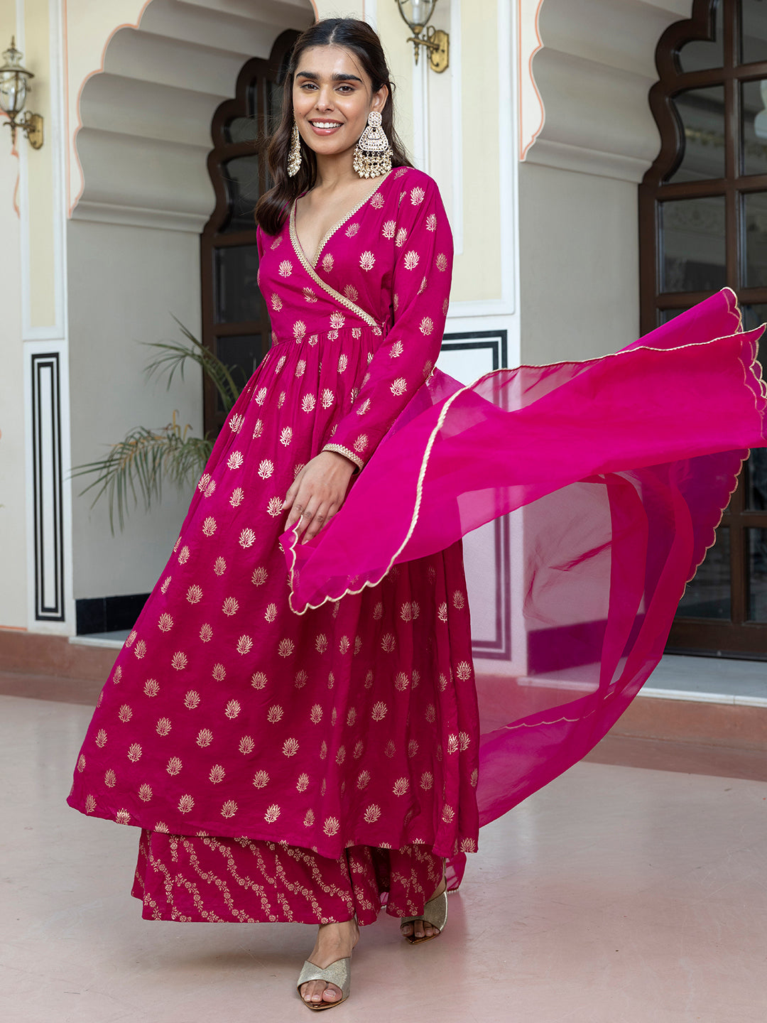 Janasya Women's Pink Brocade Woven Design Festive Angrakha Kurta Set - Distacart