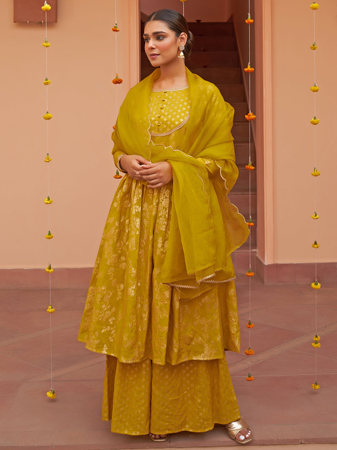 Janasya Women's Yellow Brocade Woven Design Festive Flared Kurta Set - Distacart
