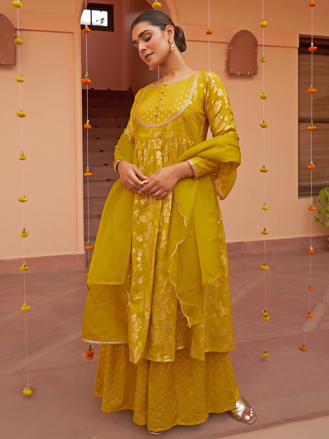 Janasya Women's Yellow Brocade Woven Design Festive Flared Kurta Set - Distacart