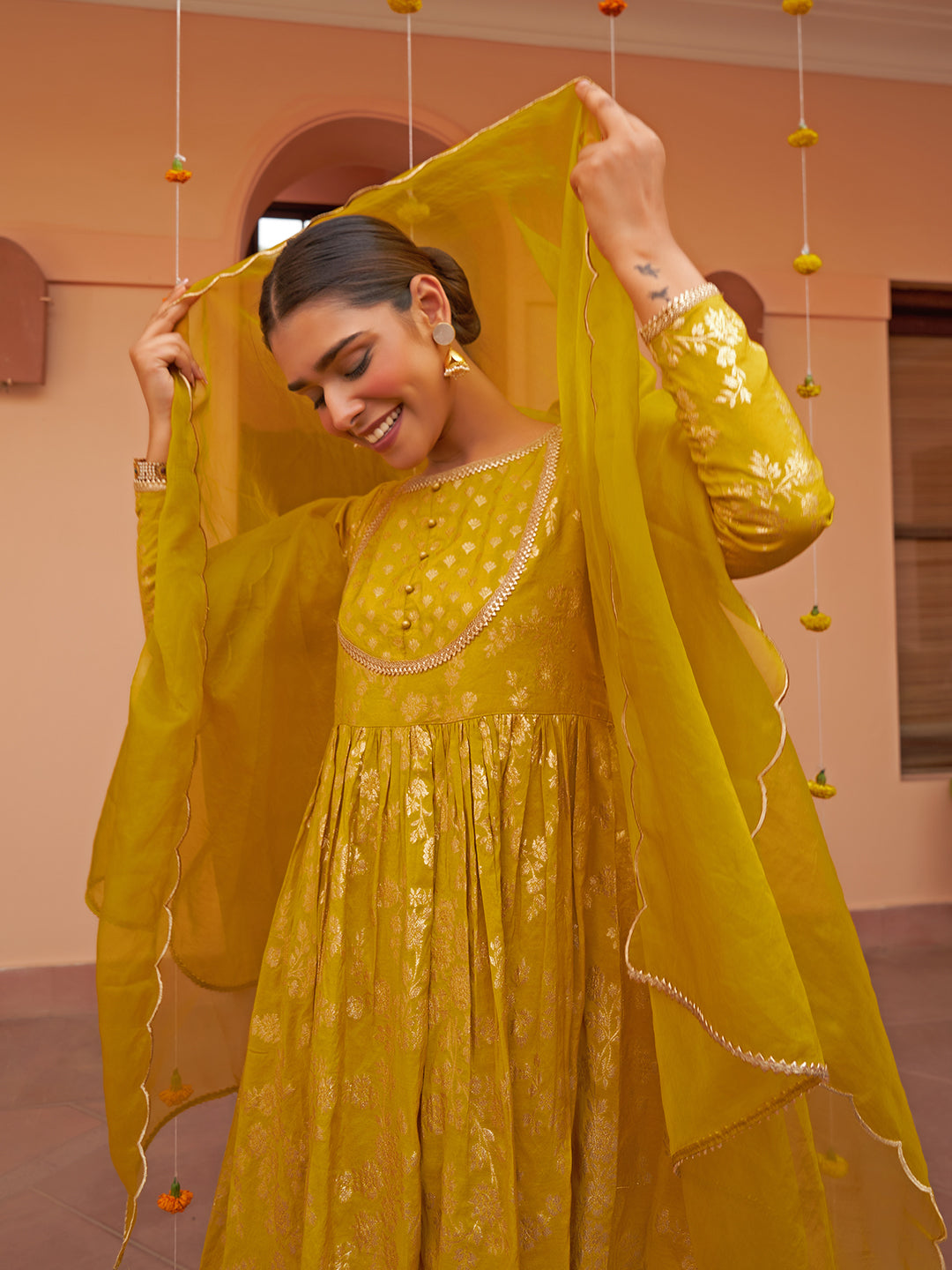 Janasya Women's Yellow Brocade Woven Design Festive Flared Kurta Set - Distacart