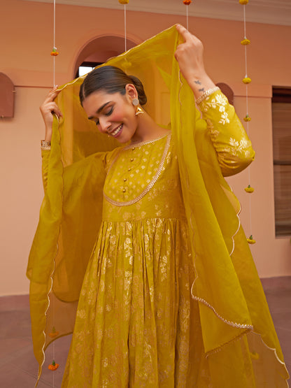 Janasya Women's Yellow Brocade Woven Design Festive Flared Kurta Set - Distacart