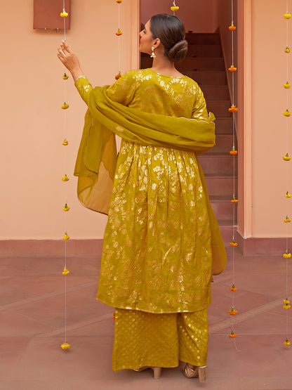 Janasya Women's Yellow Brocade Woven Design Festive Flared Kurta Set - Distacart