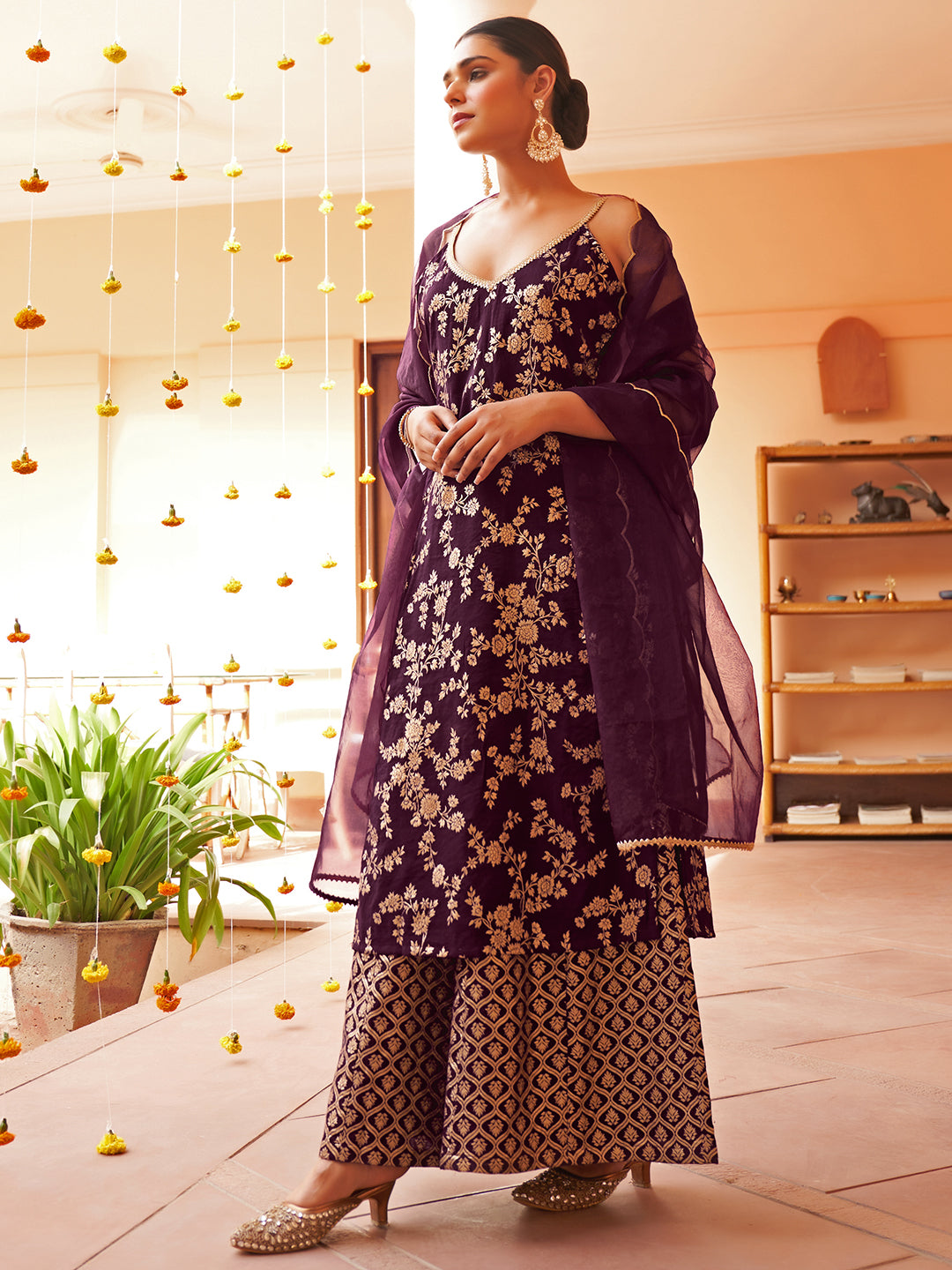 Janasya Women's Purple Brocade Woven Design Festive Straight Kurta Set - Distacart