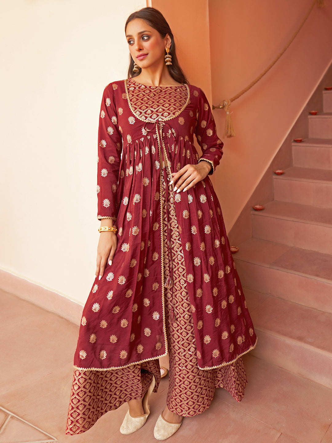 Janasya Women's Maroon Brocade Woven Design Festive Crop Top Set - Distacart