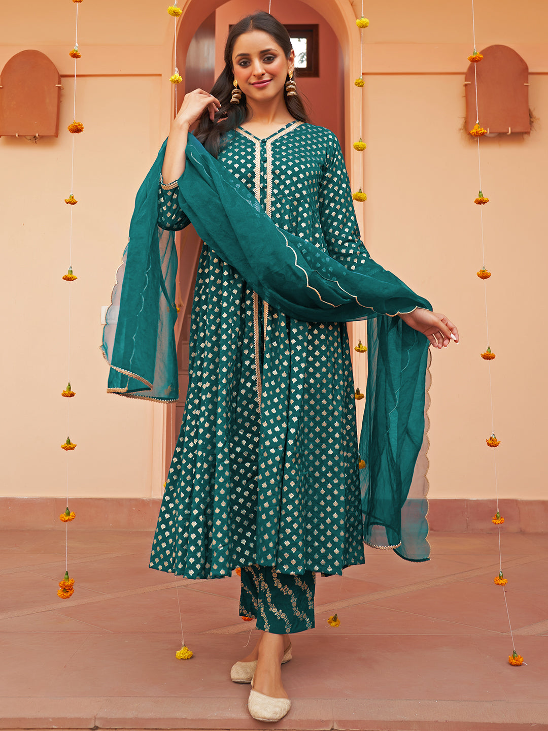 Janasya Women's Teal Brocade Woven Design Festive A-line Kurta Set - Distacart