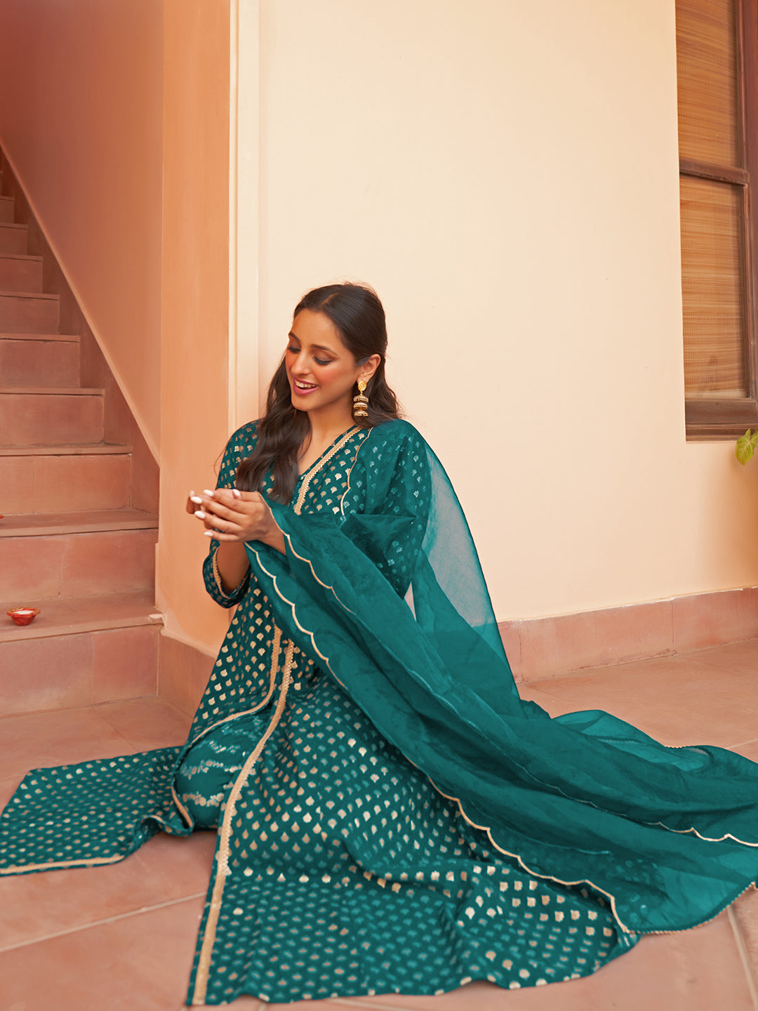 Janasya Women's Teal Brocade Woven Design Festive A-line Kurta Set - Distacart