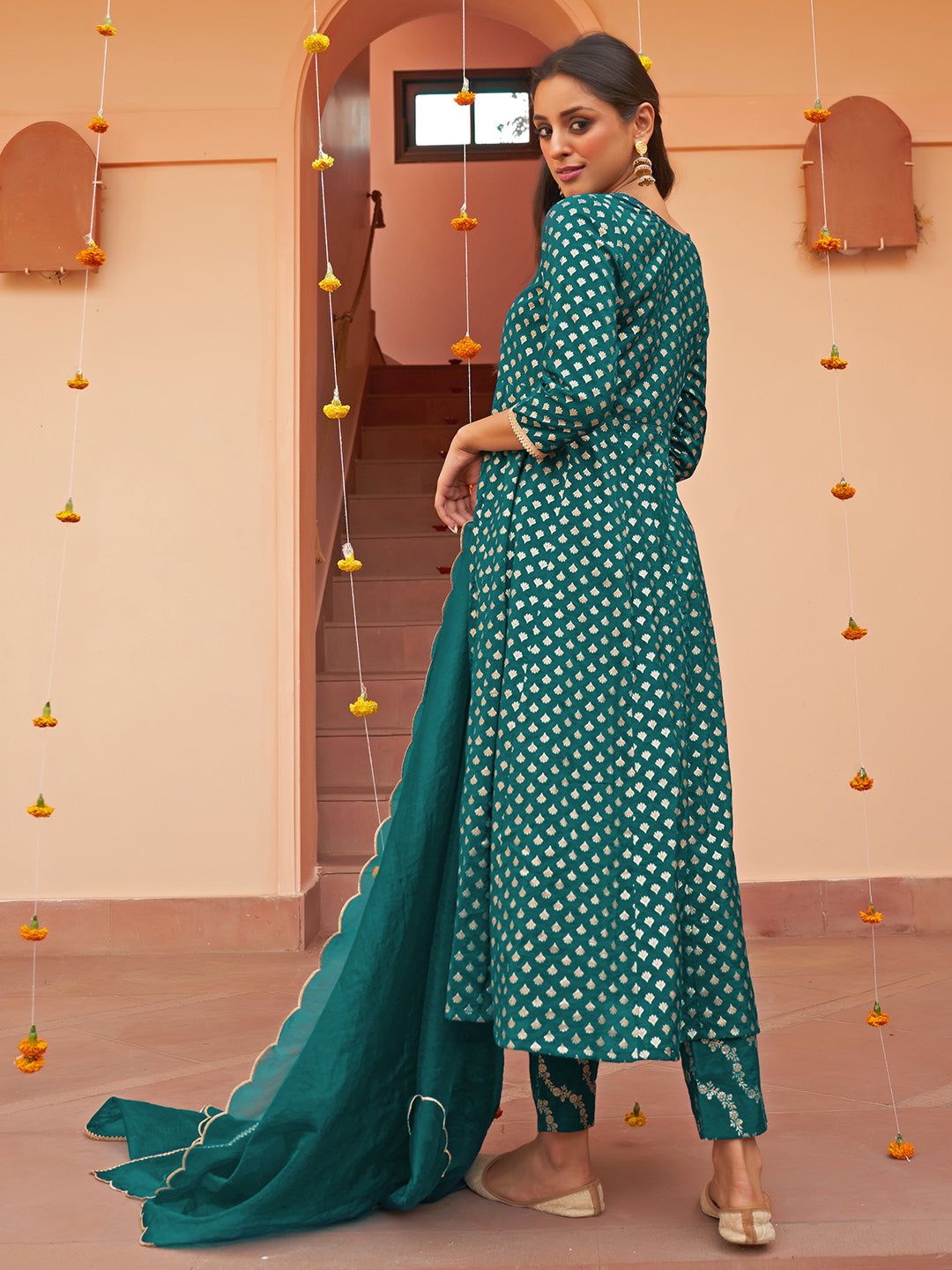 Janasya Women's Teal Brocade Woven Design Festive A-line Kurta Set - Distacart