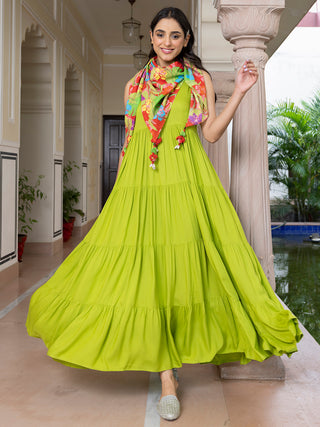 Janasya Women's Lime Green Rayon Solid Festive Tiered Kurta Set - Distacart