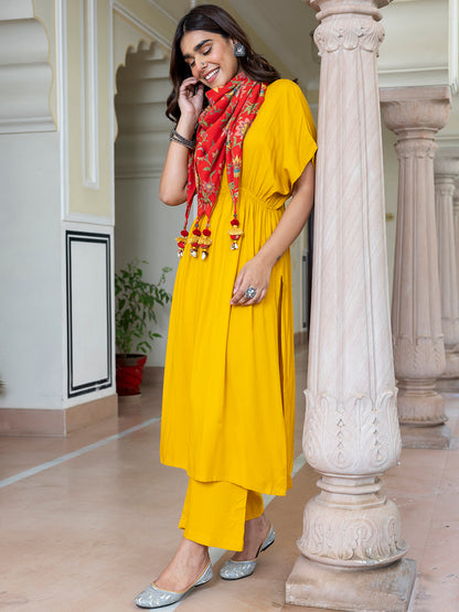 Janasya Women's Mustard Rayon Solid Festive Gathered Kurta Set - Distacart