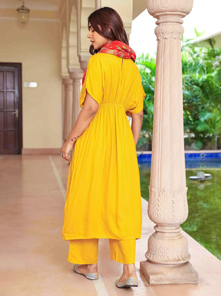 Janasya Women's Mustard Rayon Solid Festive Gathered Kurta Set - Distacart