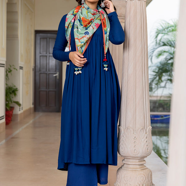 Janasya Women's Blue Rayon Solid Festive Gathered Kurta Set - Distacart