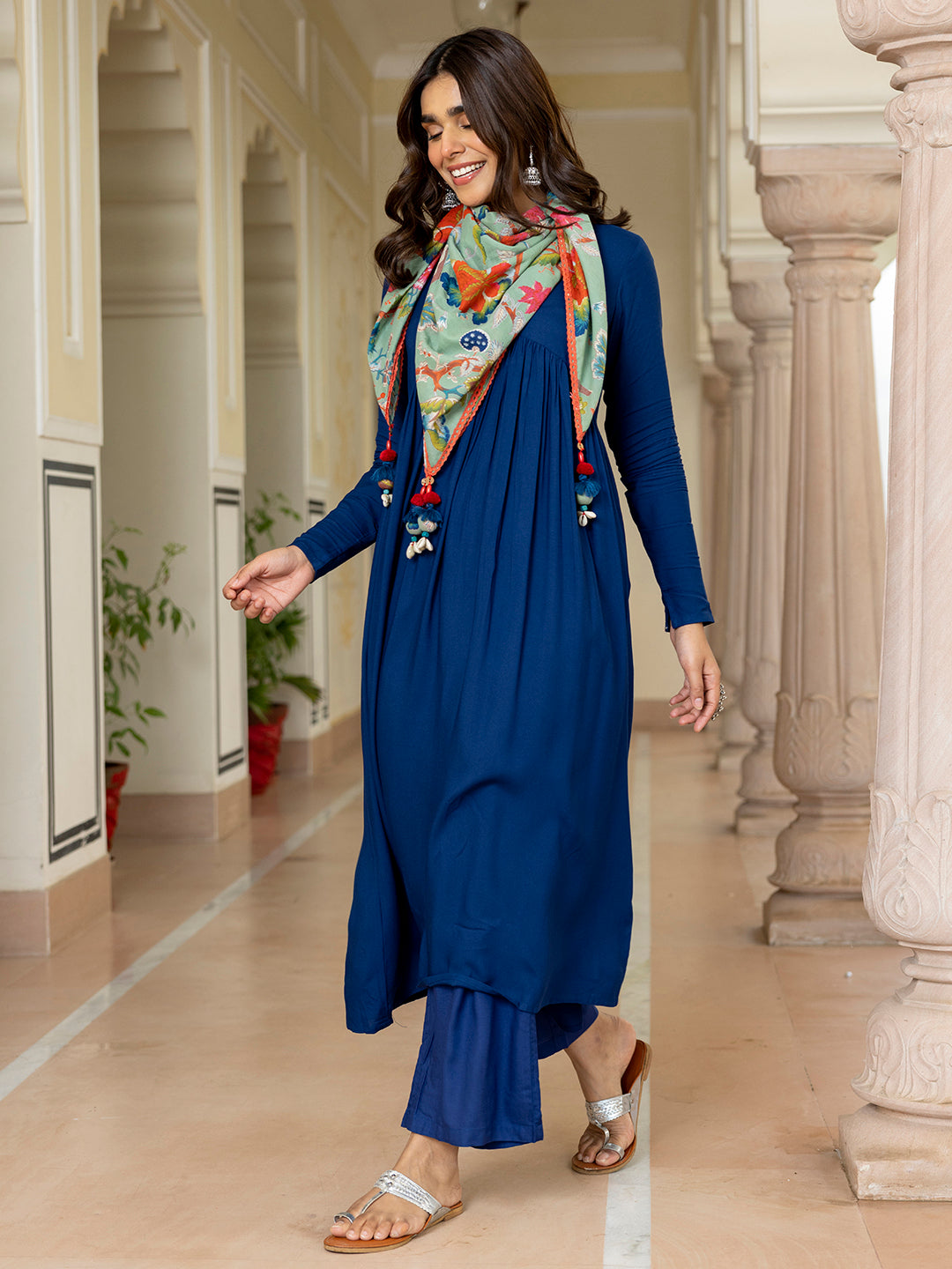 Janasya Women's Blue Rayon Solid Festive Gathered Kurta Set - Distacart