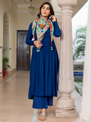 Janasya Women's Blue Rayon Solid Festive Gathered Kurta Set - Distacart